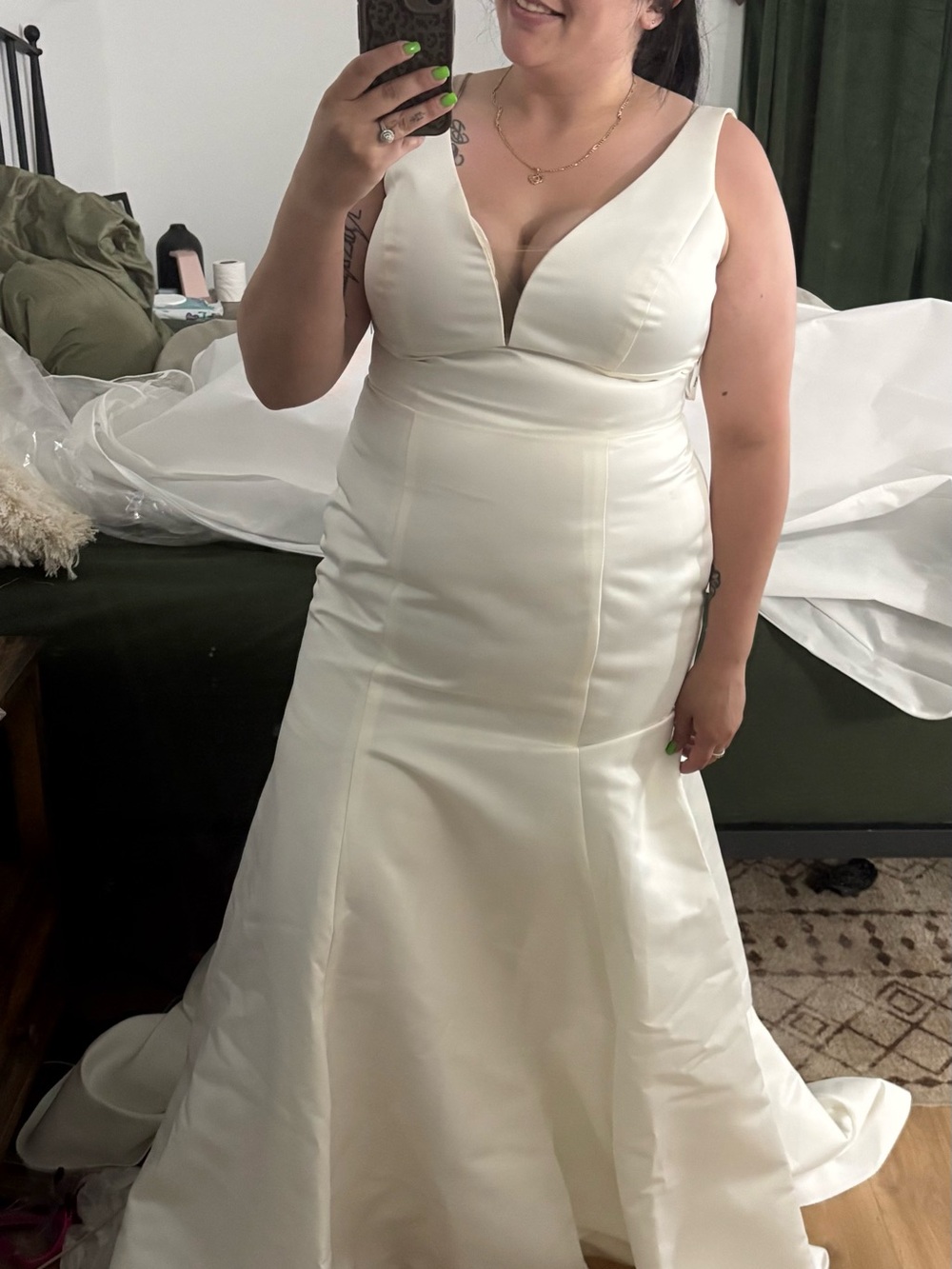 David's Bridal ivory Satin V-Neck Wedding Gown